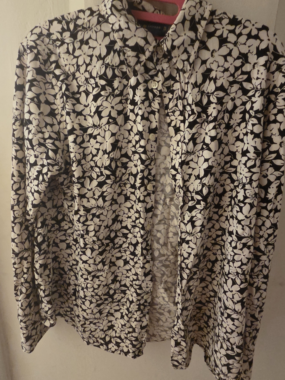 Ralph Lauren Black and White Floral Knit Oxford Top